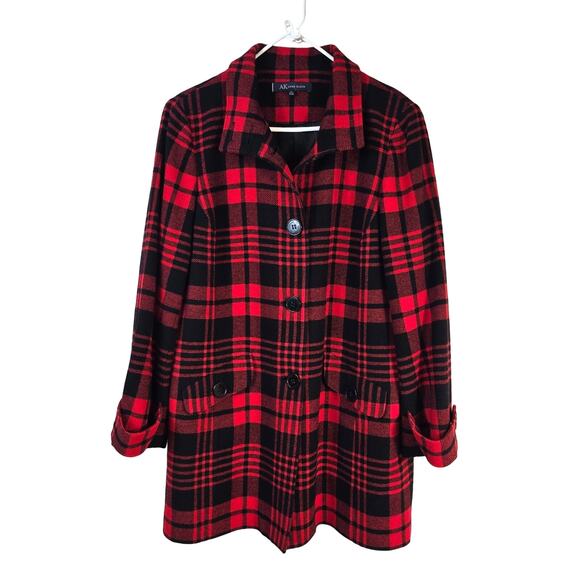 Anne Klein Coat Women's XL Black Red Plaid Lambs Wool Classic Dressy Career - Picture 1 of 11